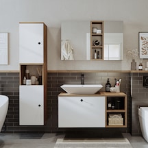 Lotus Lavabolu Mdf 95 Cm Çekmeceli Banyo Dolabı + Aynalı Dolap Atlantik Çam - Beyaz
