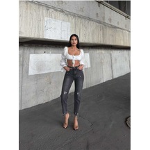 Shevega Kadın Füme Işlemli Yüksek Bel Lazer Yirtik Boyfriend Mom Jeans Kot Pantolon Kar Siyahı