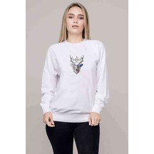 Triangles Deer Geyik Baskılı Beyaz Kadın Sweatshirt