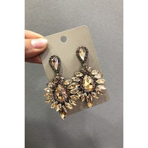 Fdayaksesuar Bal Rengi Kristal Cam Oval Taşlı Koyu Gri Küpe Frdy93 Çok Renkli