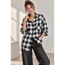 Bb Butik Basic Kadın Ekose Gömlek Oversize Oduncu Gömlek Uzun Kollu Cepli Günlük Tr0935 siyah