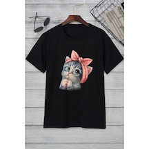 Flood Of Style Unisex Sevimli Kedi Tasarım T-shirt Siyah