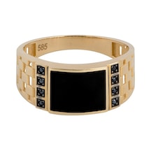 14 Ayar Altın Dikdörtgen Siyah Mineli Taşlı Tasarım Erkek Yüzük