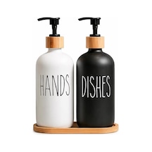 2 Li Hands Dishes Siyah Beyaz Cam Sıvı Sabunluk Seti 500 Ml, Bambu Standlı Dekoratif Mutfak &am Beyaz,siyah
