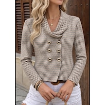 Ekose Desenli Kruvaze Blazer Ceket Beyaz