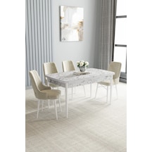 Zümra Serisi, Beyaz Mermer Desen 80x132 Açılabilir Mdf Mutfak Masası Takımı 4 Adet Sandalye Krem