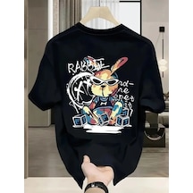 Erkek T-shirt Tavşan Baskılı Kısa Kollu Tişört - Siyah