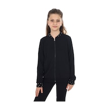 Toontoy Kız Çocuk Kolej Yaka Fermuarlı Cepli Boncuk İşlemeli Örme Hırka - 2 İplik Siyah