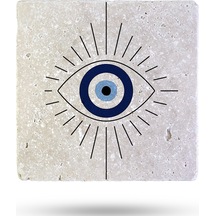Doğaltaş Bardak Altlığı Nazar Boncuğu Baskılı 10x10cm %100 Traverten Doğal Taş Çok Renkli