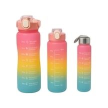 3 Lü Renkli Suluk Seti Motivasyonlu Spor Matara Seti 2l, 900ml Ve 300ml Su Şişesi Sızdırmaz, Dayanıklı, Şık Tasarım Pembe-sarı 0