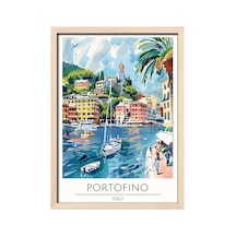 Portofino Italy Travel Poster Ahşap Çerçeveli Dekoratif Duvar Tablosu Ahşap 01