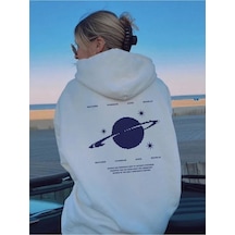 Saturn Cosmos %100 Pamuk Sweatshirt - Beyaz Baskılı Oversize Kışlık İçi Polarlı Kapüşonlu Beyaz