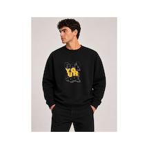 Herkesemoda Fuel Your Harder Baskı Detaylı Bisiklet Yaka Şardonlu 2 İplik Sweatshirt Siyah