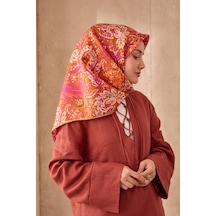 Twill İpek Eşarp 11473-23 Tarçın, Magenta, Bej, Parlak Turuncu