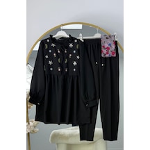 Lovie Moda Kadın Çiçek İşlemeli Takım - Siyah Beyaz