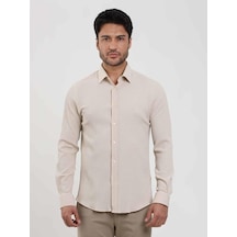 Dufy Bej Erkek Slim Fit Gofre Desenli Brent Yaka Uzun Kol Gömlek - 104810-bej Bej