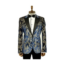 Wessi Dik Yaka Slim Fit Altın Desenli Lacivert Erkek Balo Ceket - Wessi Lacivert