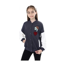 Toontoy Kız Çocuk Kolej Yaka Çıtçıt Kapama Cepli Düşük Omuz Baskılı Renk Bloklu Örme Hırka - 2 İplik Şardonlu Füme