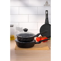 Vento 6 Parça Döküm Cam Kapaklı Tava 18-22-26 Cm siyah