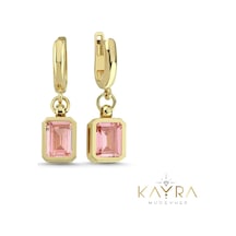 Kunzit Pembe Taşlı Altın Küpe Ahk03