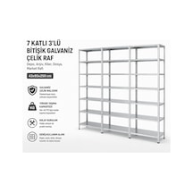 7 Katlı 3'lü Bitişik Galvaniz Çelik Raf - Depo, Arşiv, Kiler, Dosya, Market Rafı, Çok Amaçlı Raf 43x93x250 Cm Gri