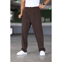Bürke Baggy Çift Pileli Kahverengi Renk Beli Lastikli Kaliteli Rahat Kesim Klasik Bol Paça Baggy Pantolon