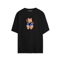 Anime Kedi Baskılı Unisex Siyah Oversize T-shirt SIYAH