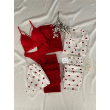 Mh Moony Homewears 7'li Cardiaque Saten Pijama İç Giyim Çeyiz Seti Kırmızı