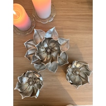 3'lü Dekoratif Lotus Çiçeği Kase / Şamdan & Mumluk Seti Gümüş / Şampanya Eskitme Çok Renkli