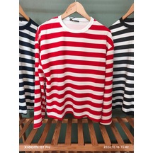Trendall Kırmızı Çizgili Beyaz Renk Basic Uzun Kollu Tshirt
