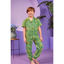 Bunny Hopp Dinozor Desenli Yazlık Erkek Çocuk Pijama Takımı - Düğmeli Gömlek Yakalı %100 Pamuklu Takım Yeşil