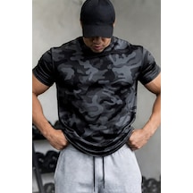 Serablanka Erkek Nem Emici Hızlı Kuruma Atletik Teknik Kamuflaj Desenli Spor T-shirt Siyah