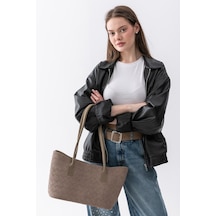 Paul Brand Terra Touch Örgü Desenli Yumuşak Süet Dokulu Makyaj Çantalı Kadın Shopper Omuz Çantası Vizon