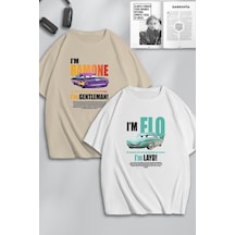 Unisex Kadın Erkek Ramone,flo Layd Ve Gentleman Baskılı Sevgili Çift Kombini Tasarım Oversize Tshirt Bej Beyaz Mck0501 Bej Beyaz