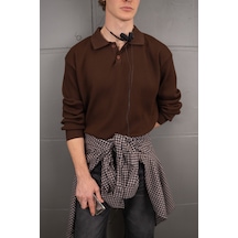 Erkek Polo Yaka Nopeli Düğmeli Oversize Triko Kazak Kahverengi