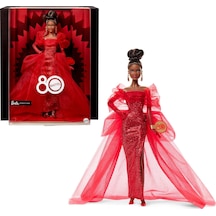 Barbie Mattel'in Özel 80. Doğum Günü Barbie Doll Simli Kırmızı Tül Elbise, Şeffaf Küpeli Ve Eldivenli İkonik Koleksiyon Bebek, Kahverengi, Jbj18 Esmer
