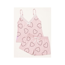 Bravie Kadın Büyük Beden İp Askılı Yakası Dantelli Kalpli Pembe Yazlık Pijama Takımı