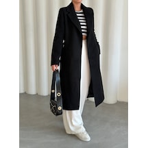 Siyah Kuşaklı İçi Astarlı Kaşe Kaban Siyah