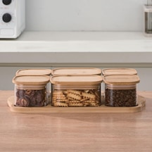 Amberhaus Bambu Kapaklı Cam Kahvaltılık Seti Ahşap Standlı Şık Tezgah Üstü Baharat Ve Kuruyemiş Düzenleyici Kavanoz 4'lü Ve 6'lı Seçenek Bambu, 6'lı Set - Model 2