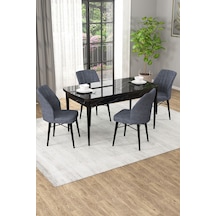 Arel Siyah Mermer 80x132 Açılabilir Mdf Masa Yemek Odası Takımı, Mutfak Takımı 4 Adet Sandalye Siyah Mermer - 4 Füme - Siyah Ayak
