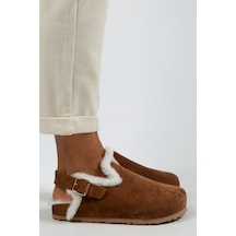 Manijero Holly Kürklü Kadın Hakiki Deri Kemerli Tokalı Kürklü Taba Süet Sandalet 001