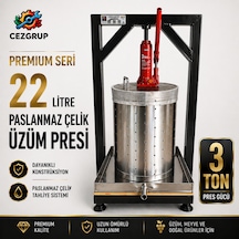 Çezgrup Premium 22 Litre Paslanmaz Çelik Üzüm Sıkma Presi 3 Ton Krikolu 304 Çelik Sepetli Gümüş