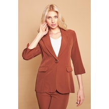 Yakalı Tek Düğmeli Kapri Kollu Kolu Yırtmaçlı Hafif Likralı Kumaş Blazer Ofis Ceket-koyu Taba K.taba