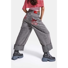Kadın Füme 4w6-13 Mega Baggy Tt18 Chery Nakış Özel Tasarım Denim Jean