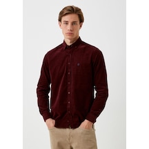 Erkek Kadife Gömlek Bordo %100 Pamuk Düğmeli Yaka Slim Fit Logo Detaylı Gömlek Ncs Jeans 7980-bordo Bordo