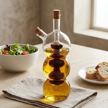 Borosilikat Cam Yağlık Ve Sirkelik 320 Ml, Çift Hazneli 2 Si 1 Arada Şişe, Mantar Tıpalı Şeffaf Boğumlu Model, Yağ Ve Sirkeyi Ayrı Saklama Çok Renkli