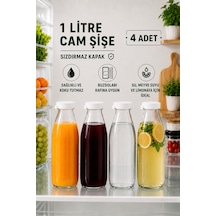 Rotanev 4 Adet Beyaz Plastik Kapaklı Cam Şişe 1 Litre Şeffaf Sürahi Süt, Ayran, Su, Limonata Meşrubat Şişesi