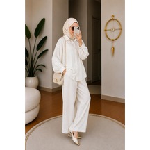 Hira Life Fashion Kadın Kolu Taş Detaylı Bel Bağlamalı Salaş Keten Gömlek Pantolon İki 'li Şık Takım Beyaz Beyaz