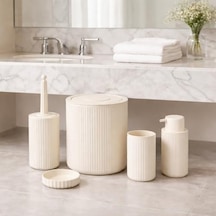 5 Li Limon Rengi Banyo Seti Çöp Kovası, Sıvı Sabunluk, Diş Fırçalık, Sabunluk Ve Wc Fırçası Modern Çizgili Şık Tasarım 000 Açık Krem