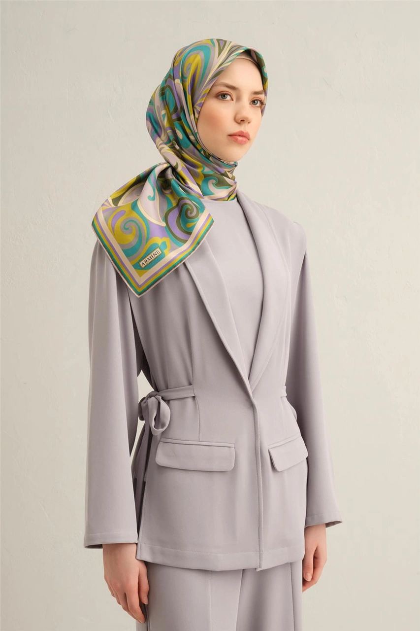 Armine Etnik Desenli Saf İpek Twill Eşarp 9323d 84 Yeşil